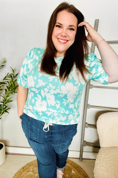 Spring Vibes Mint Wavy Rib Puff Short Sleeves Floral Top - Online Only!
