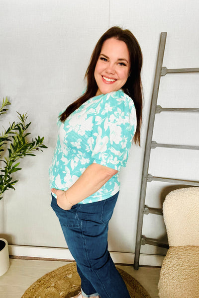 Spring Vibes Mint Wavy Rib Puff Short Sleeves Floral Top - Online Only!