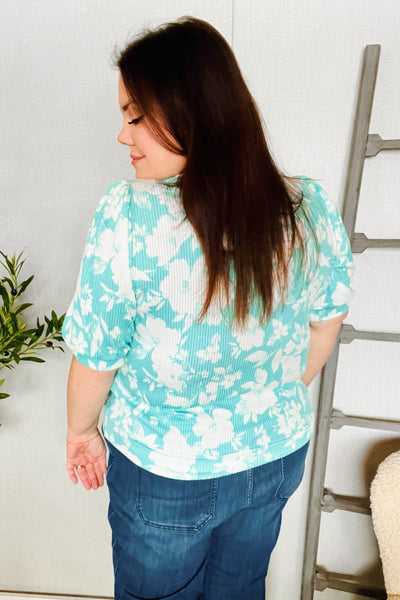 Spring Vibes Mint Wavy Rib Puff Short Sleeves Floral Top - Online Only!
