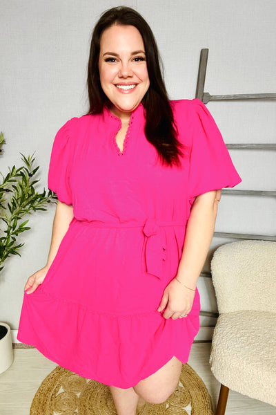 Star Struck Fuchsia Notched Neck Balloon Sleeve Sash Belt Mini Dress - Online Only!