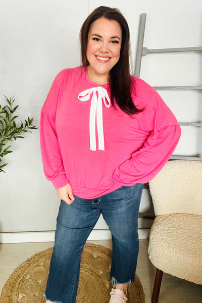 Pretty In Pink French Terry Bow Tie Drop Shoulder Pullover - Online Only!