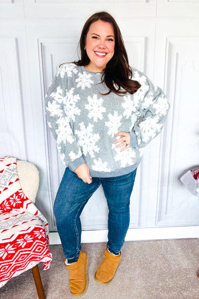 Season Greetings Silver Puffy Snowflake Sherpa Pullover - Online Only!