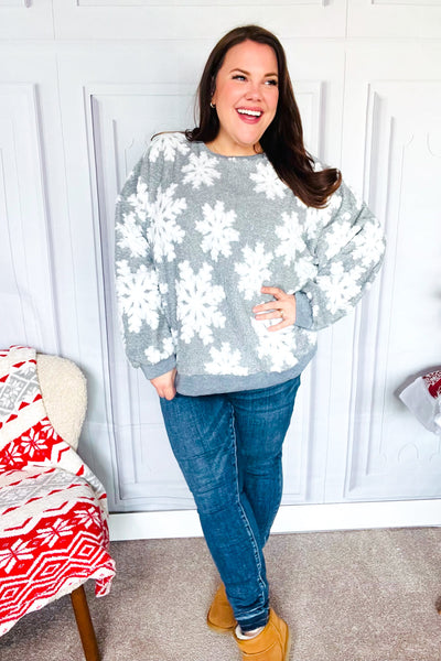 Season Greetings Silver Puffy Snowflake Sherpa Pullover - Online Only!