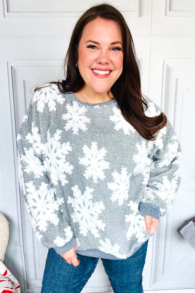Season Greetings Silver Puffy Snowflake Sherpa Pullover - Online Only!