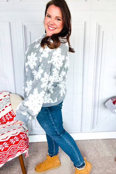 Season Greetings Silver Puffy Snowflake Sherpa Pullover - Online Only!