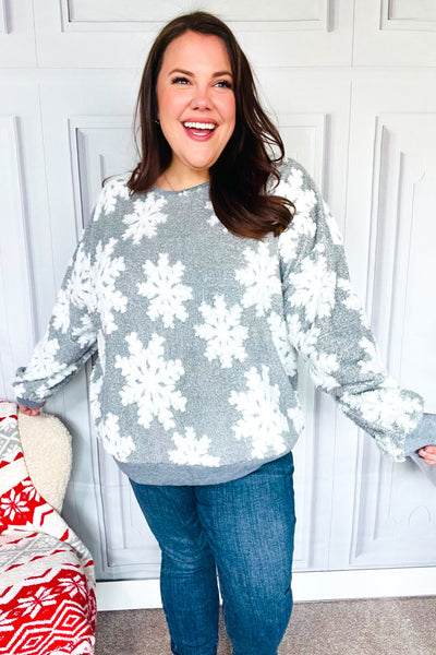 Season Greetings Silver Puffy Snowflake Sherpa Pullover - Online Only!