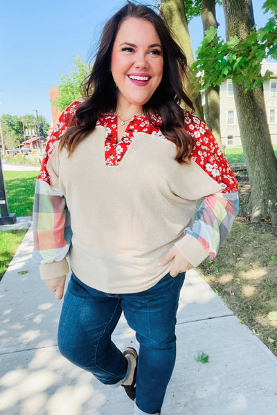 Rust & Oatmeal Plaid Floral Color Block Notch Neck Top - Online Only!