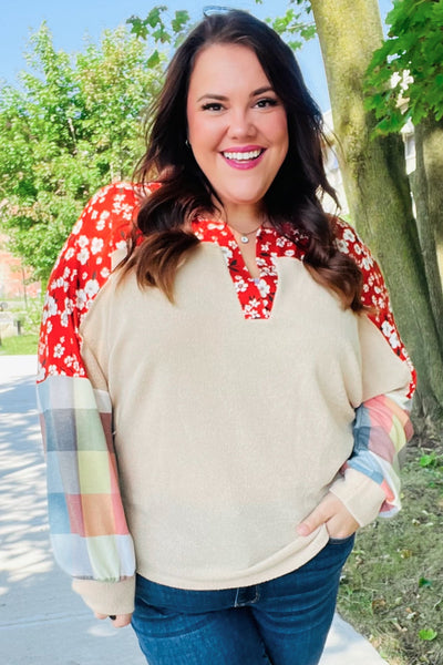 Rust & Oatmeal Plaid Floral Color Block Notch Neck Top - Online Only!