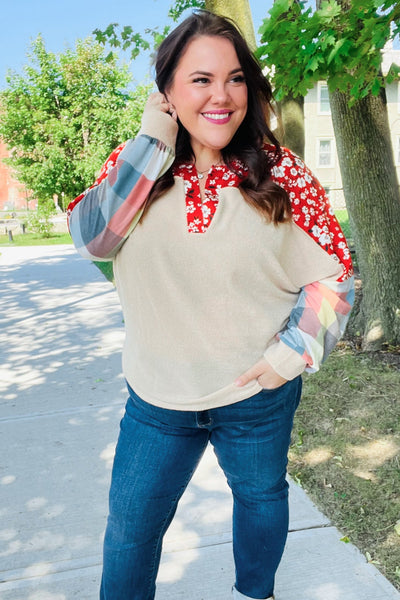 Rust & Oatmeal Plaid Floral Color Block Notch Neck Top - Online Only!