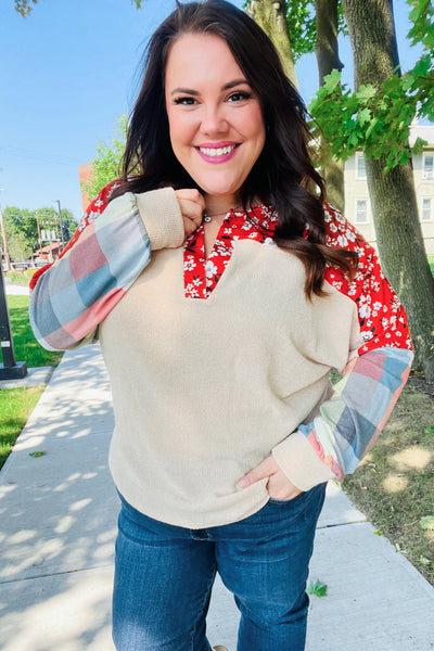 Rust & Oatmeal Plaid Floral Color Block Notch Neck Top - Online Only!