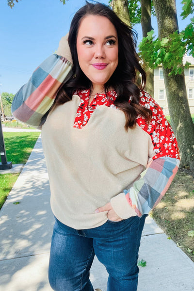 Rust & Oatmeal Plaid Floral Color Block Notch Neck Top - Online Only!