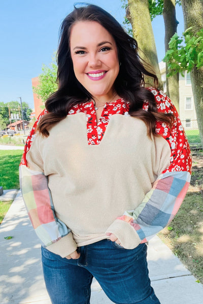 Rust & Oatmeal Plaid Floral Color Block Notch Neck Top - Online Only!