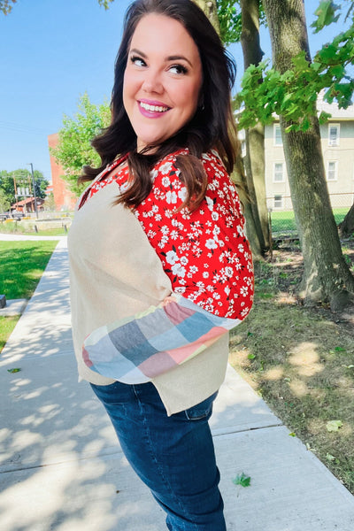 Rust & Oatmeal Plaid Floral Color Block Notch Neck Top - Online Only!