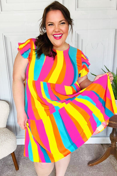 Eyes On You Multicolor Abstract Print Smocked Ruffle Sleeve Dress - Online Only!