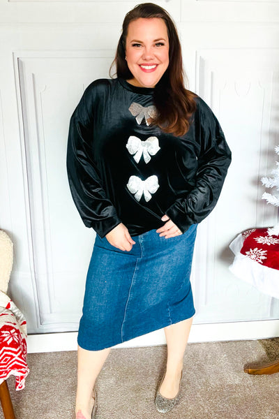 Home For The Holiday Silver Sequin Bow Velvet Pullover Top - Online Only!