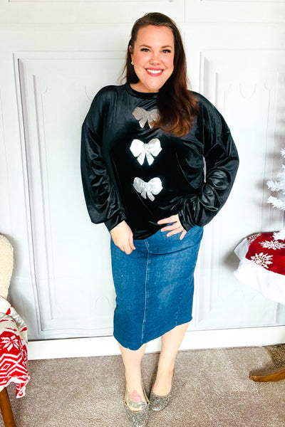 Home For The Holiday Silver Sequin Bow Velvet Pullover Top - Online Only!