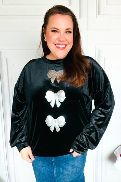 Home For The Holiday Silver Sequin Bow Velvet Pullover Top - Online Only!