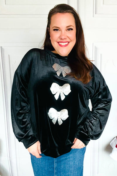 Home For The Holiday Silver Sequin Bow Velvet Pullover Top - Online Only!