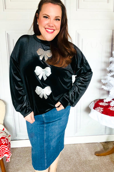 Home For The Holiday Silver Sequin Bow Velvet Pullover Top - Online Only!