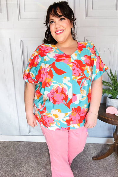 Aqua & Coral Floral V Neck Woven Top - Online Only!