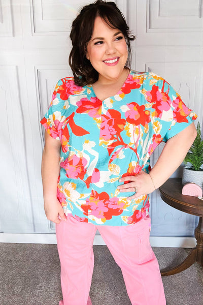 Aqua & Coral Floral V Neck Woven Top - Online Only!