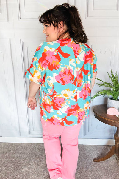 Aqua & Coral Floral V Neck Woven Top - Online Only!