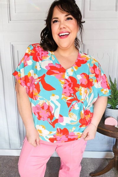 Aqua & Coral Floral V Neck Woven Top - Online Only!