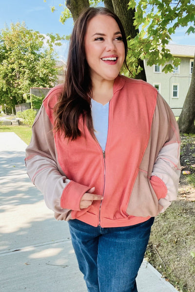 Boldy You Camel Dolman Sleeve Colorblock Knit Bomber Jacket - Online Only!
