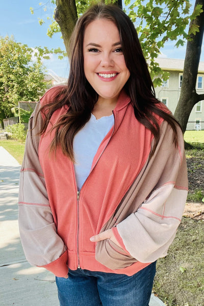 Boldy You Camel Dolman Sleeve Colorblock Knit Bomber Jacket - Online Only!