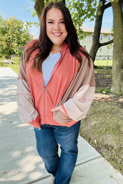 Boldy You Camel Dolman Sleeve Colorblock Knit Bomber Jacket - Online Only!