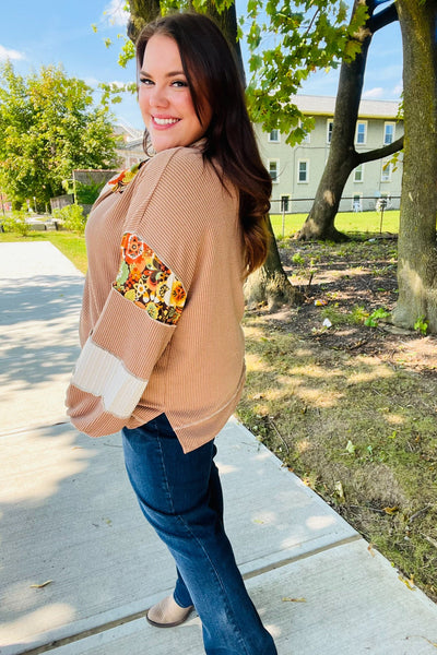 Charming Caramel Floral Print Colorblock Notch Neck Top - Online Only!