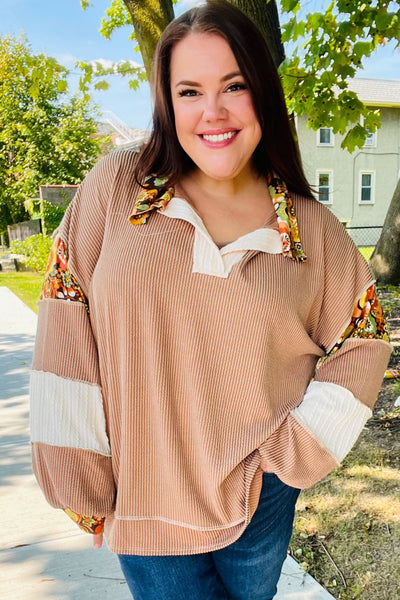 Charming Caramel Floral Print Colorblock Notch Neck Top - Online Only!