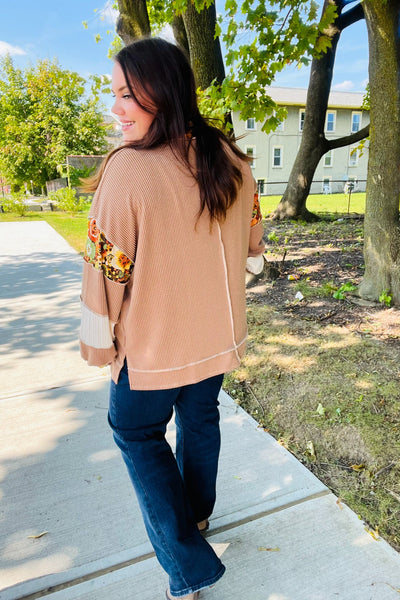 Charming Caramel Floral Print Colorblock Notch Neck Top - Online Only!