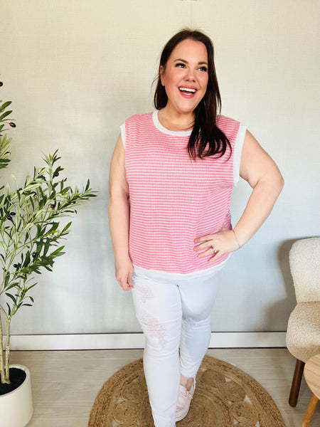 Lock Eyes Pink & Ivory Jacquard Waffle Knit Banded Sleeveless Top - Online Only!