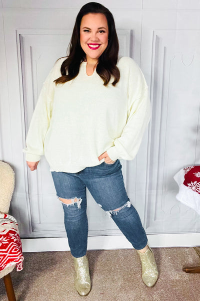 Lock Eyes Ivory Notched Neck With Patch Oversized Sweater - Online Only!