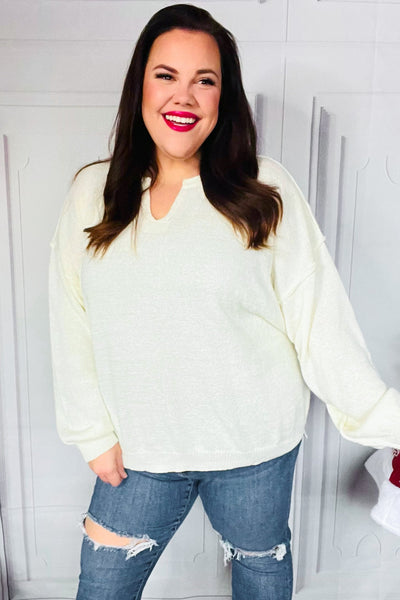 Lock Eyes Ivory Notched Neck With Patch Oversized Sweater - Online Only!