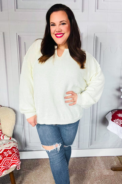 Lock Eyes Ivory Notched Neck With Patch Oversized Sweater - Online Only!