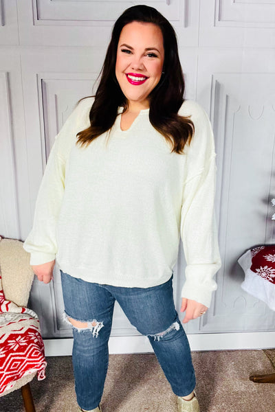 Lock Eyes Ivory Notched Neck With Patch Oversized Sweater - Online Only!