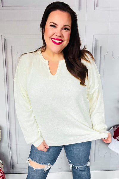 Lock Eyes Ivory Notched Neck With Patch Oversized Sweater - Online Only!