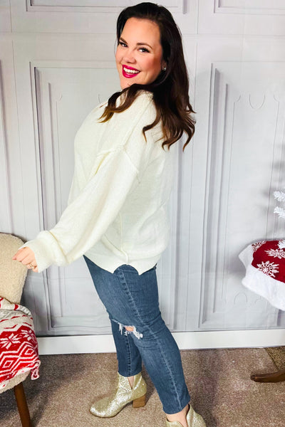 Lock Eyes Ivory Notched Neck With Patch Oversized Sweater - Online Only!