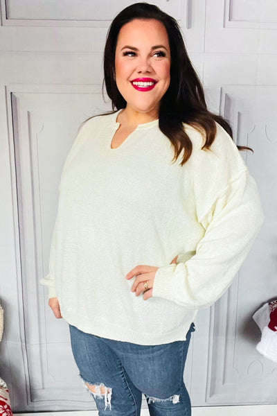 Lock Eyes Ivory Notched Neck With Patch Oversized Sweater - Online Only!