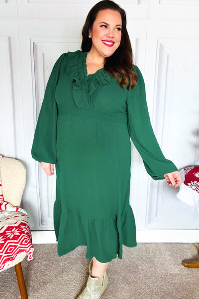 Beautiful You Holiday Green Overlap Ruffle V Neck Midi Dress - Online Only!