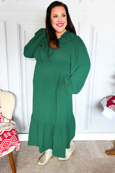 Beautiful You Holiday Green Overlap Ruffle V Neck Midi Dress - Online Only!