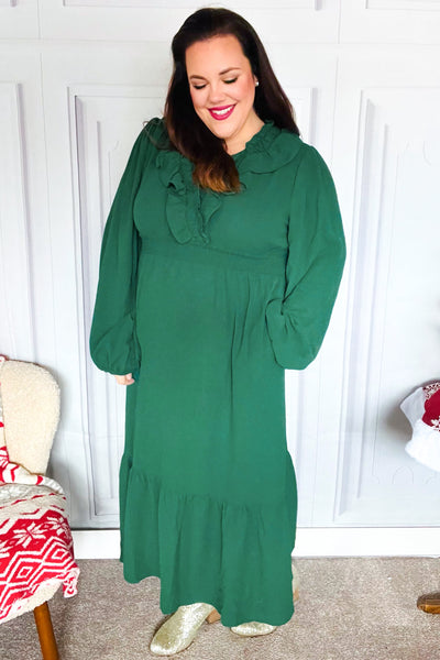 Beautiful You Holiday Green Overlap Ruffle V Neck Midi Dress - Online Only!