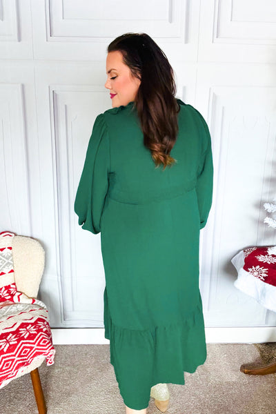Beautiful You Holiday Green Overlap Ruffle V Neck Midi Dress - Online Only!