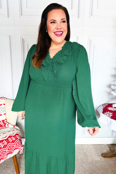Beautiful You Holiday Green Overlap Ruffle V Neck Midi Dress - Online Only!