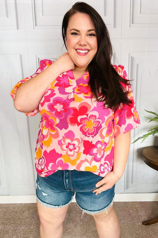 All That You Need Pink Floral Puff Sleeve V Neck Top - Online Only!