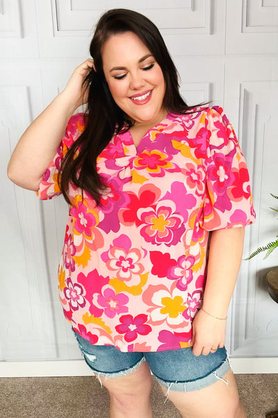All That You Need Pink Floral Puff Sleeve V Neck Top - Online Only!