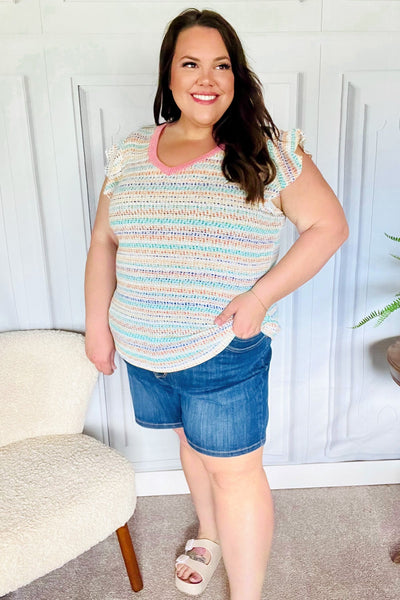 Sunny Days Coral Two Tone Striped Textured Knit V Neck Top - Online Only!