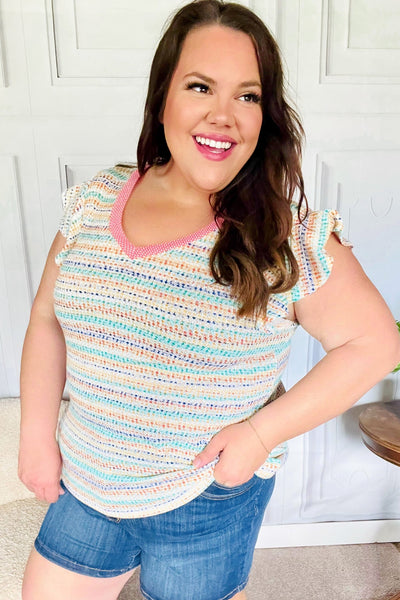 Sunny Days Coral Two Tone Striped Textured Knit V Neck Top - Online Only!